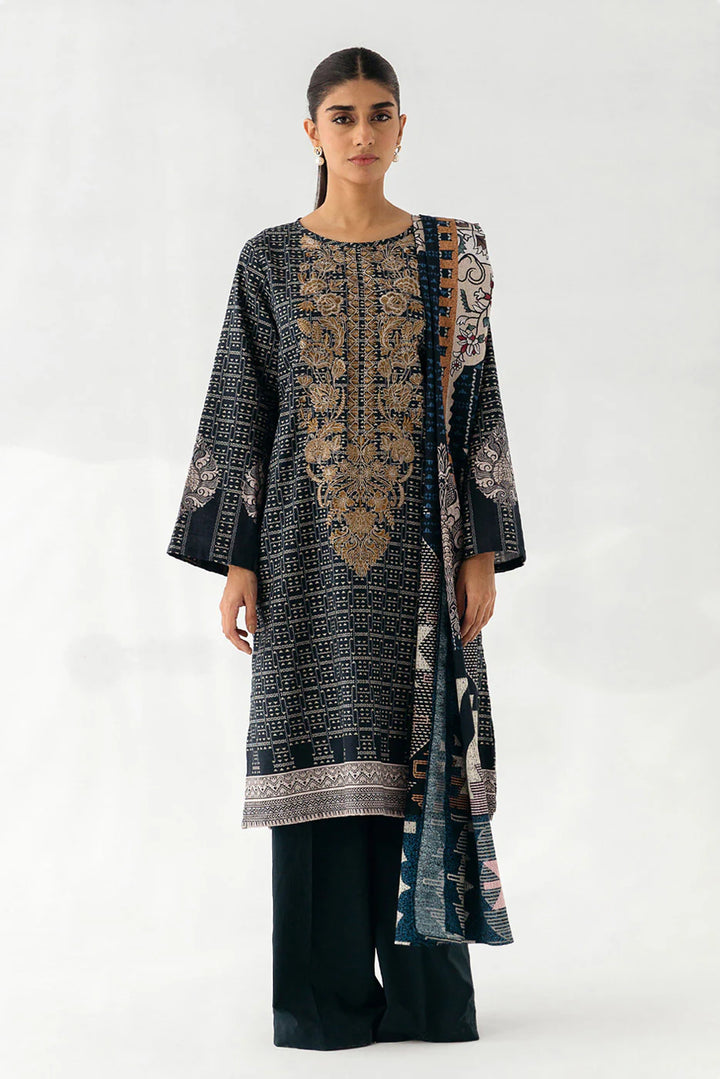 2 Piece Embroidered Khaddar Suit Nighty Silver