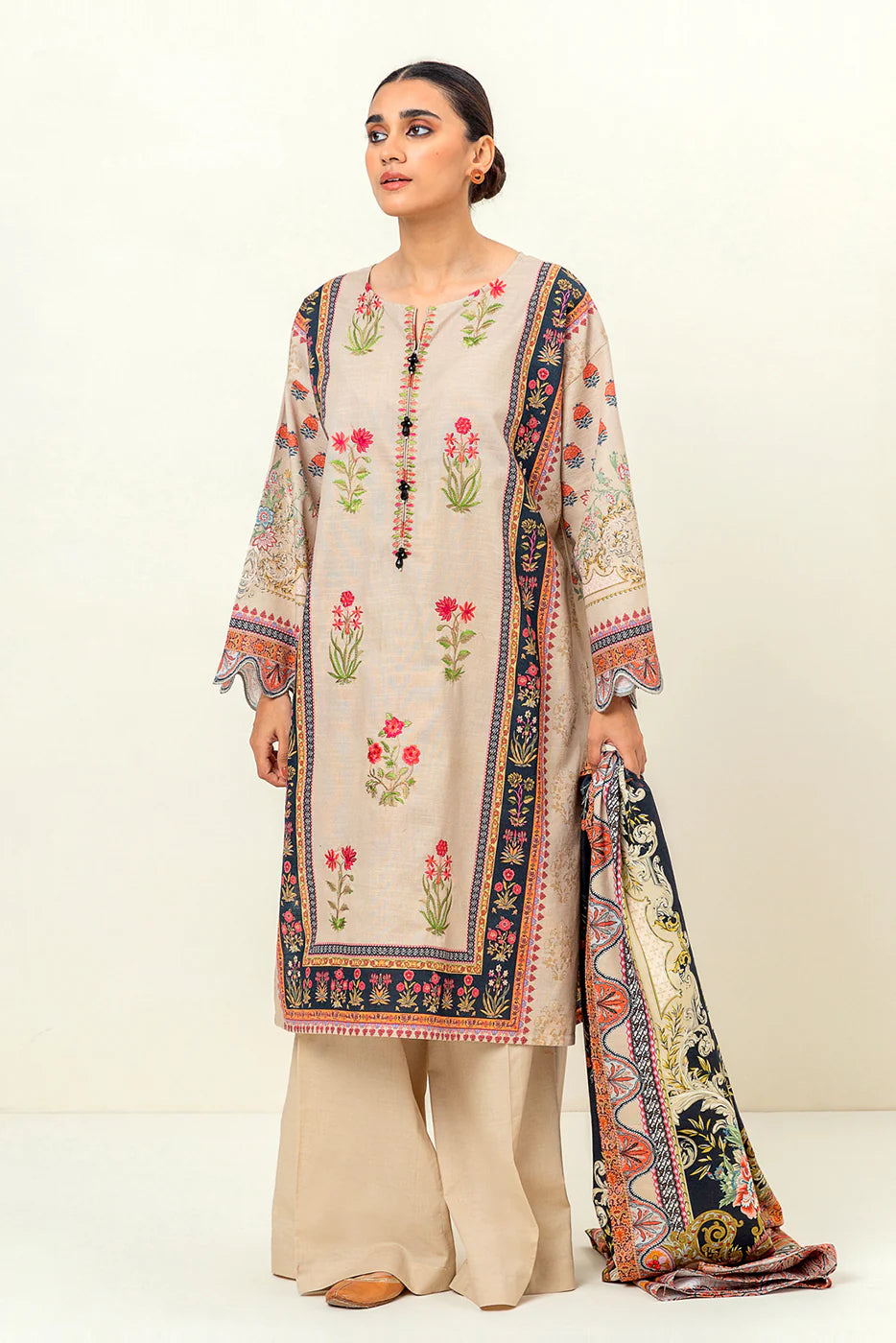 2 Piece Embroidered Khaddar Suit Elegant Ivory