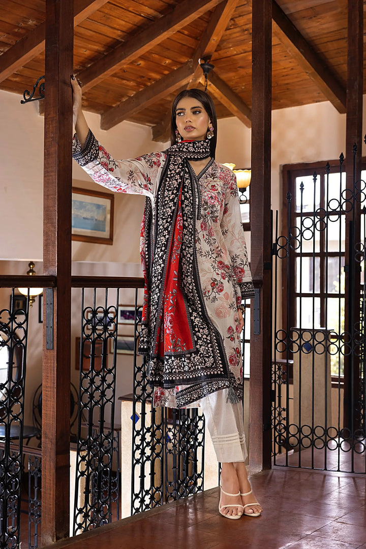 3-Piece Unstitched Printed Embroidered Lawn Beige