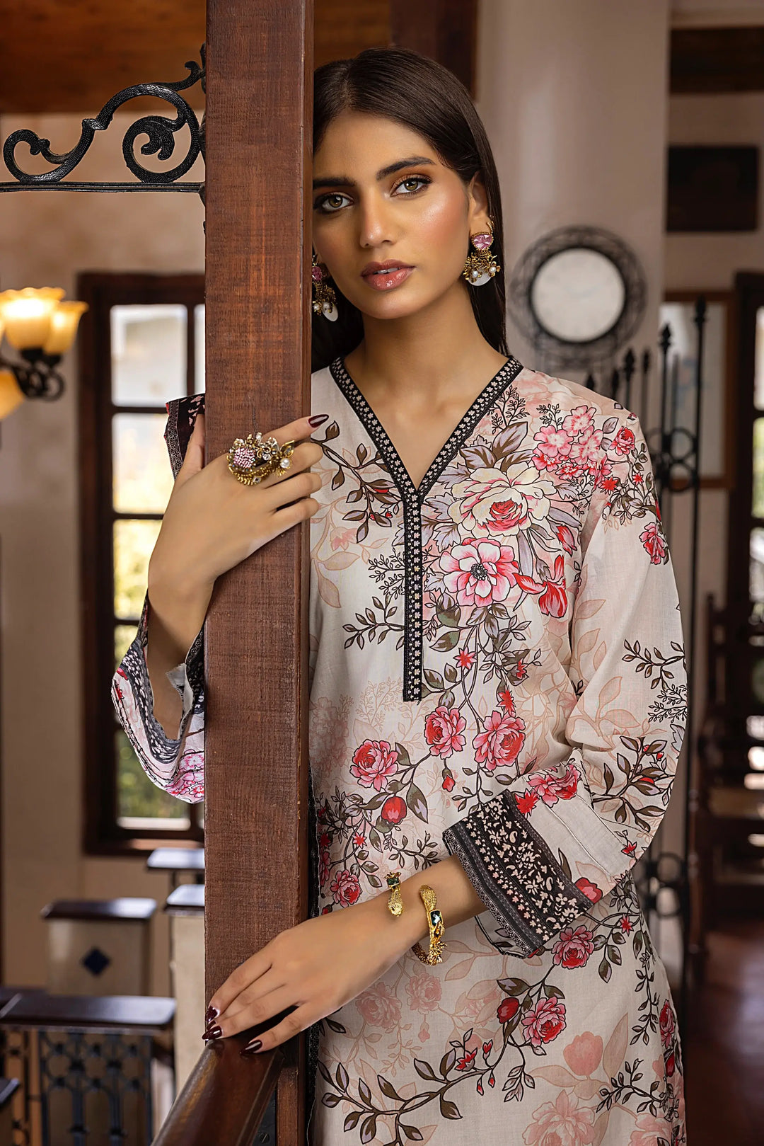 3-Piece Unstitched Printed Embroidered Lawn Beige