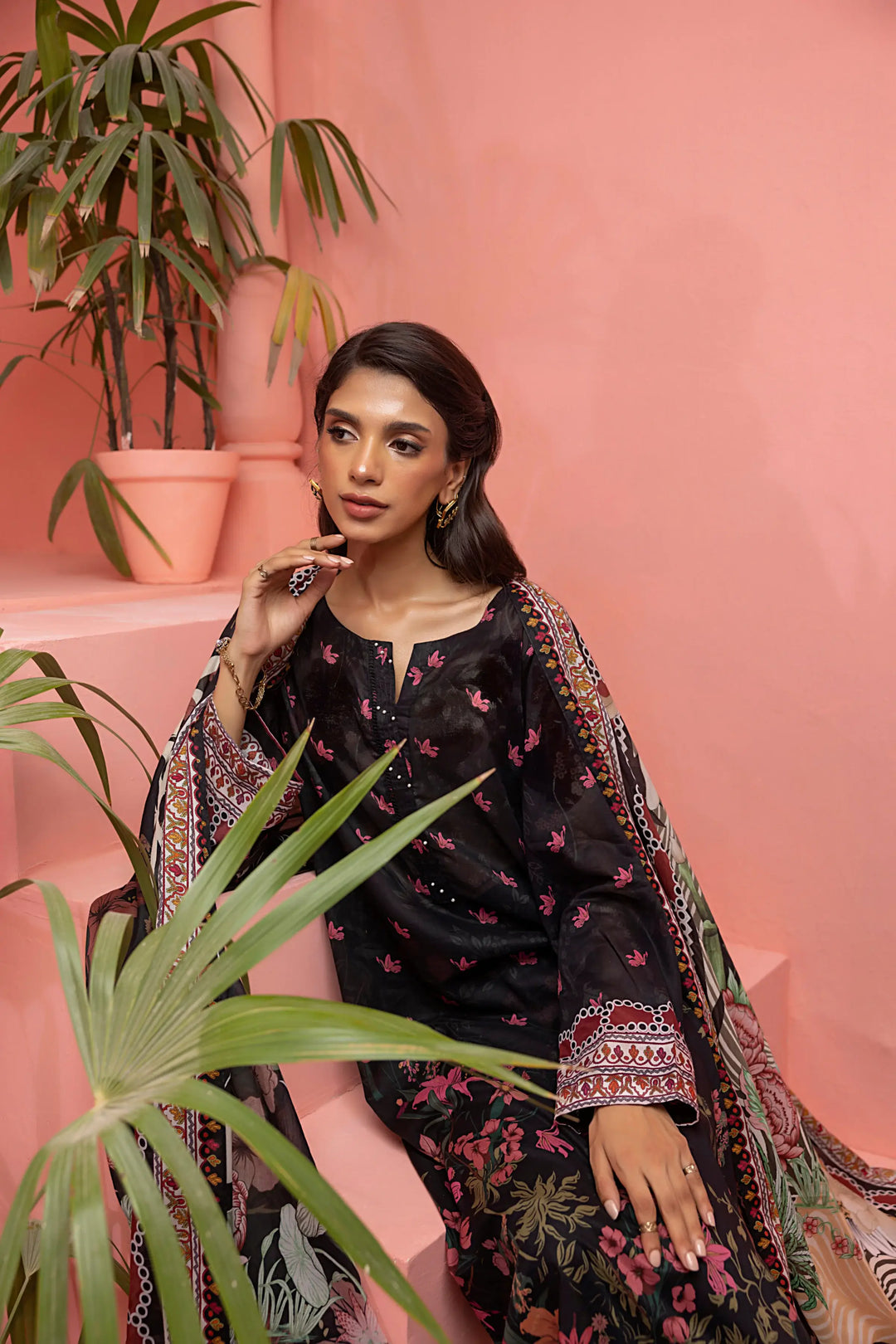 3-Piece Unstitched Printed Embroidered Lawn Black