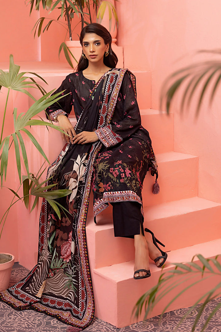 3-Piece Unstitched Printed Embroidered Lawn Black