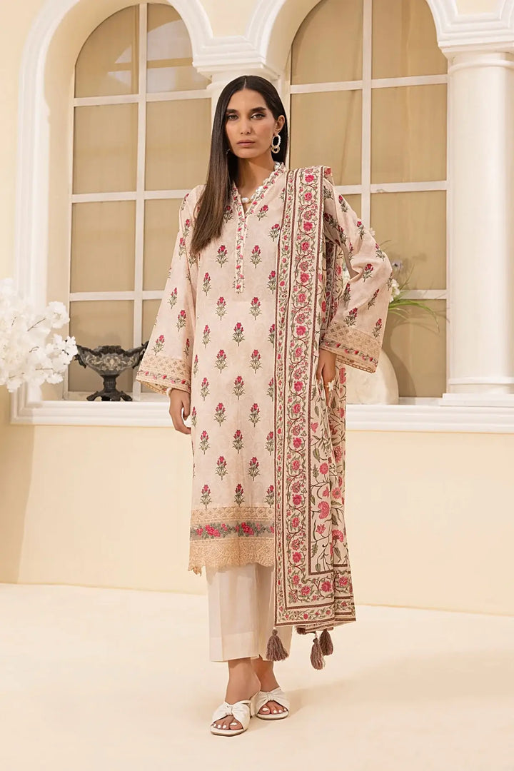 3-Piece Unstitched Printed Embroidered Lawn Suit Beige