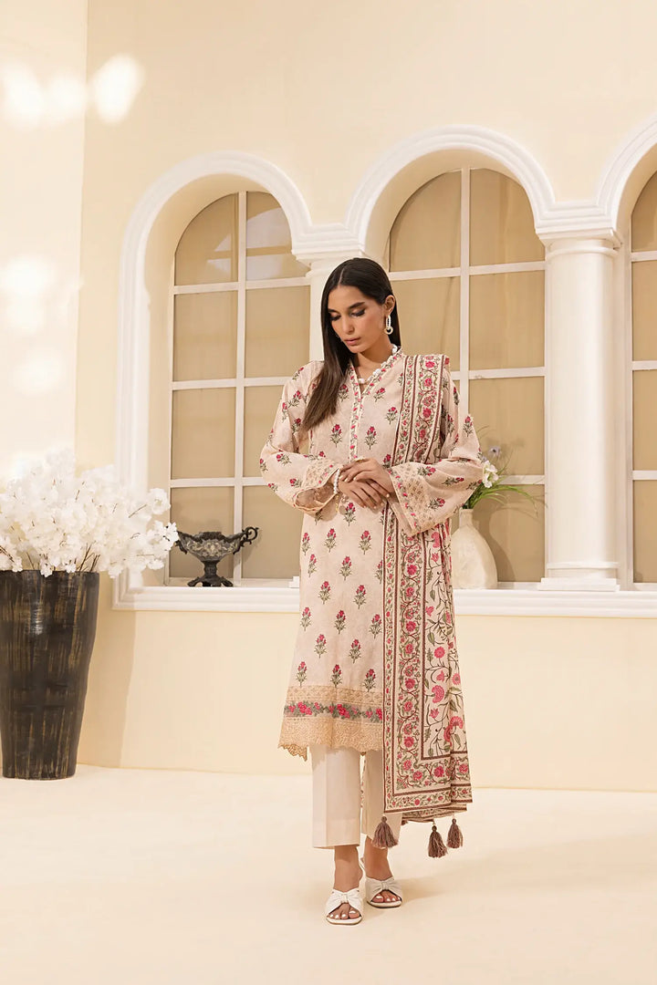 3-Piece Unstitched Printed Embroidered Lawn Suit Beige