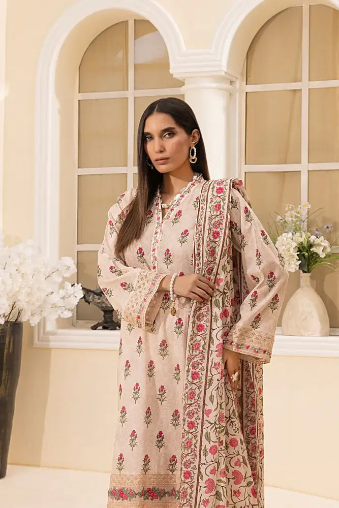 3-Piece Unstitched Printed Embroidered Lawn Suit Beige