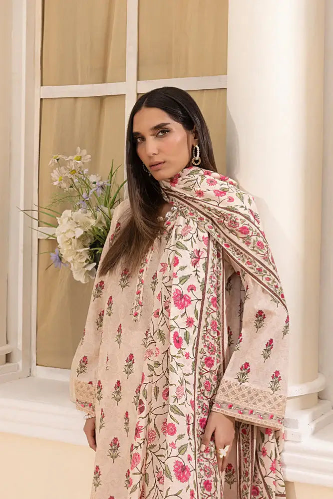 3-Piece Unstitched Printed Embroidered Lawn Suit Beige