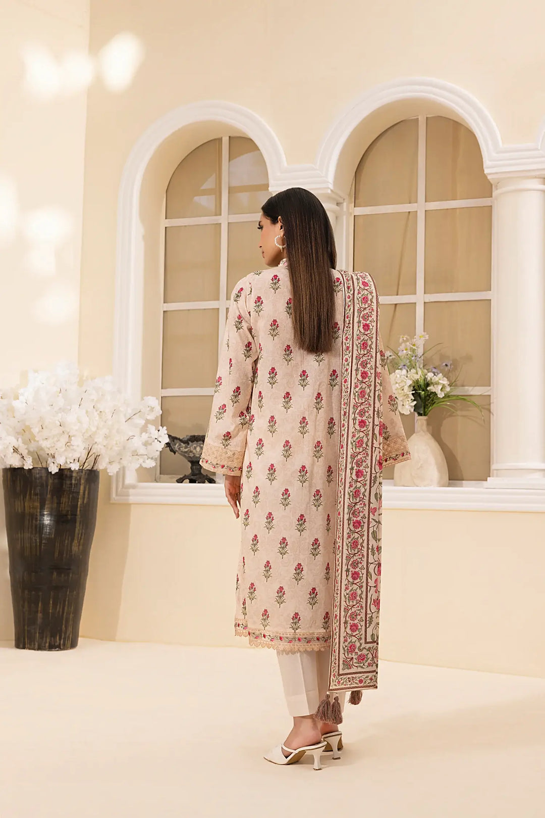 3-Piece Unstitched Printed Embroidered Lawn Suit Beige