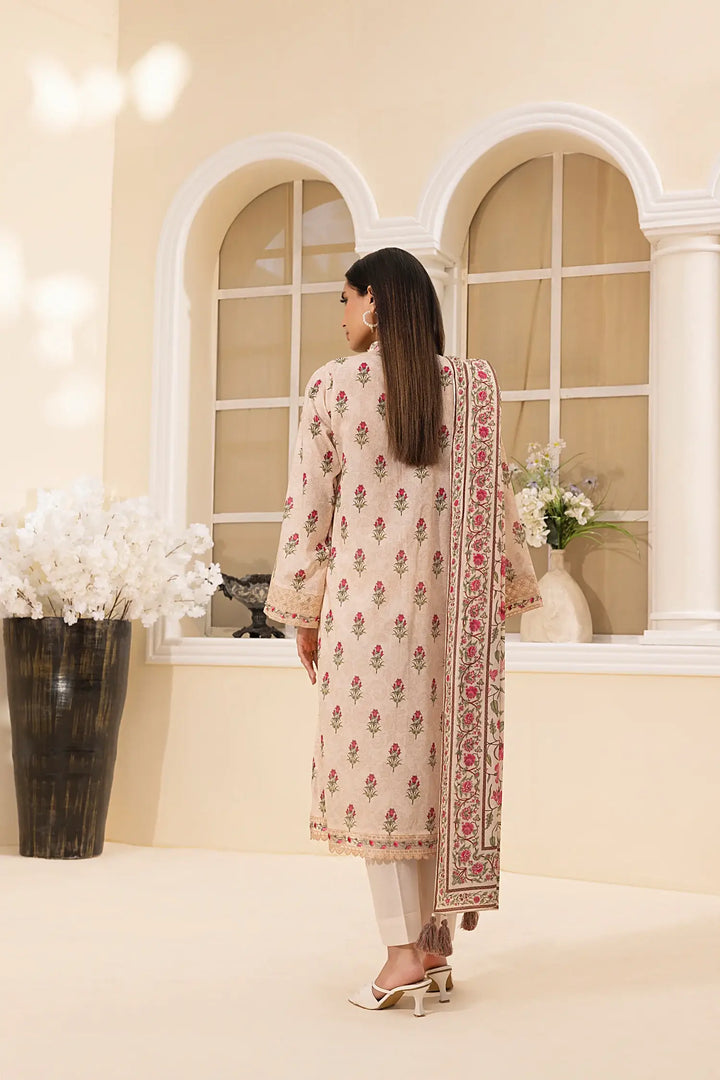 3-Piece Unstitched Printed Embroidered Lawn Suit Beige