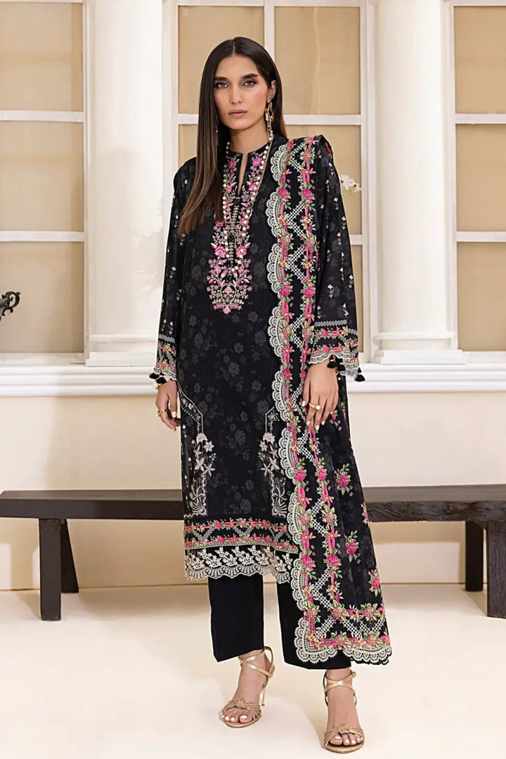3-Piece Unstitched Printed Embroidered Lawn Suit Black