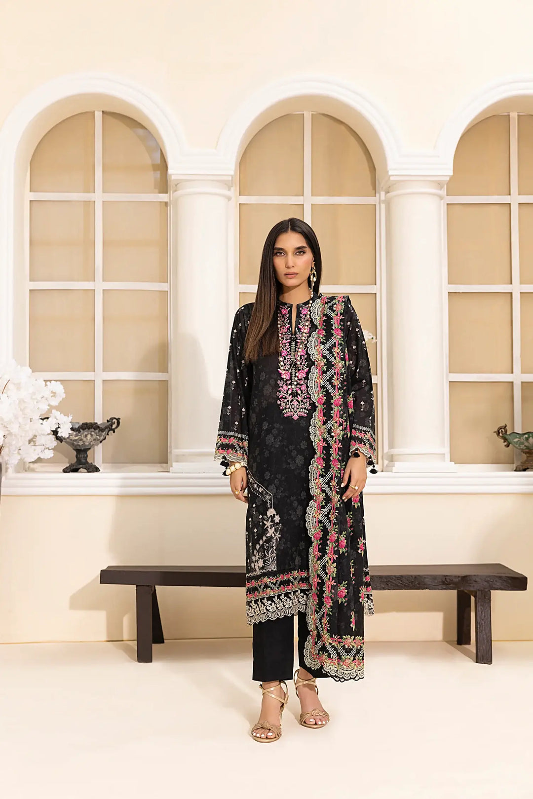3-Piece Unstitched Printed Embroidered Lawn Suit Black