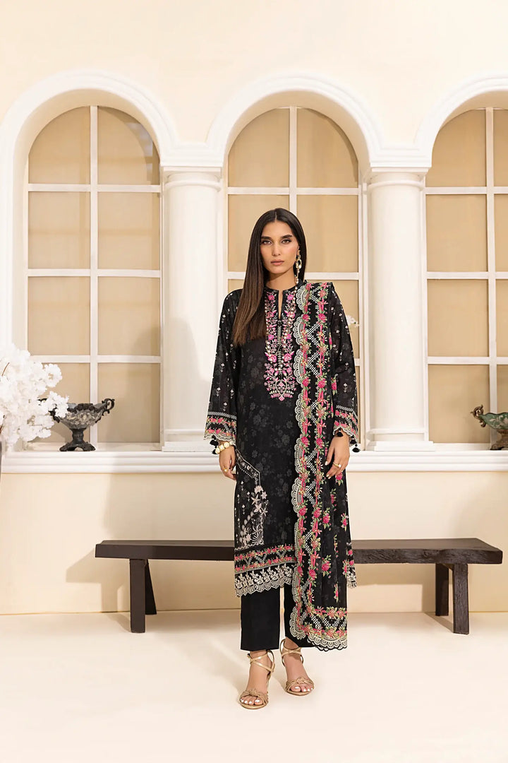 3-Piece Unstitched Printed Embroidered Lawn Suit Black