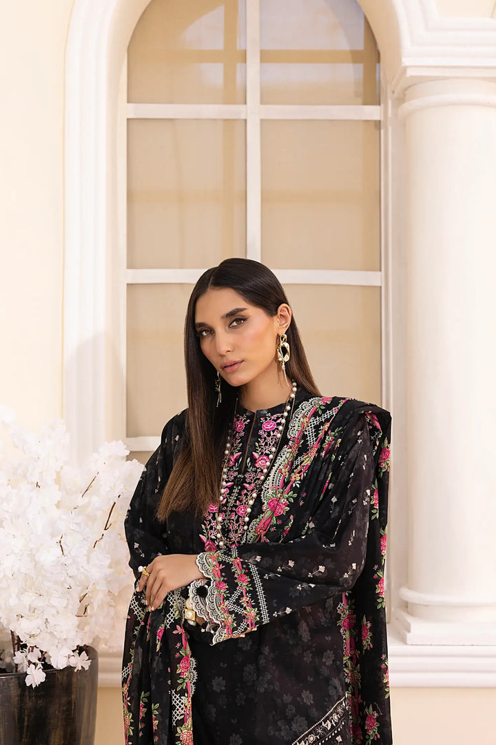 3-Piece Unstitched Printed Embroidered Lawn Suit Black