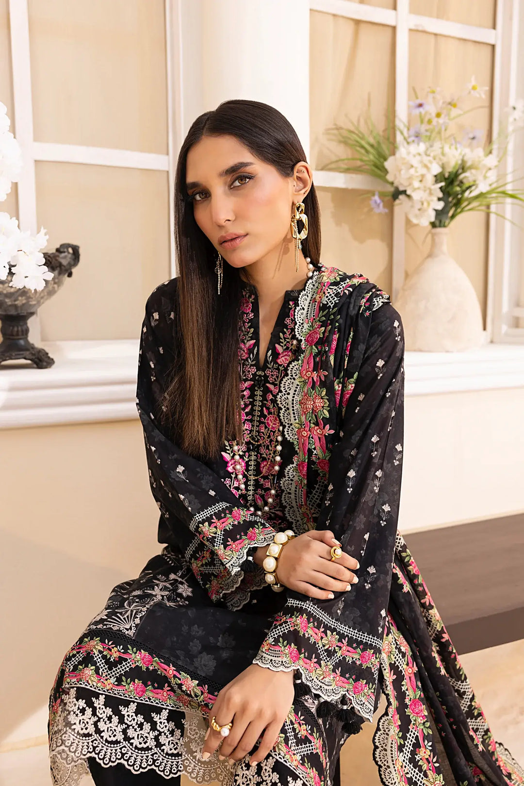 3-Piece Unstitched Printed Embroidered Lawn Suit Black