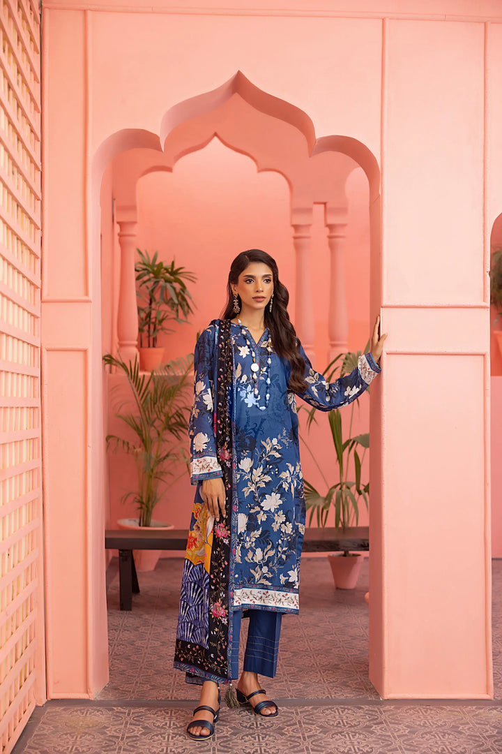 3-Piece Unstitched Printed Embroidered Lawn Suit Ink Blue