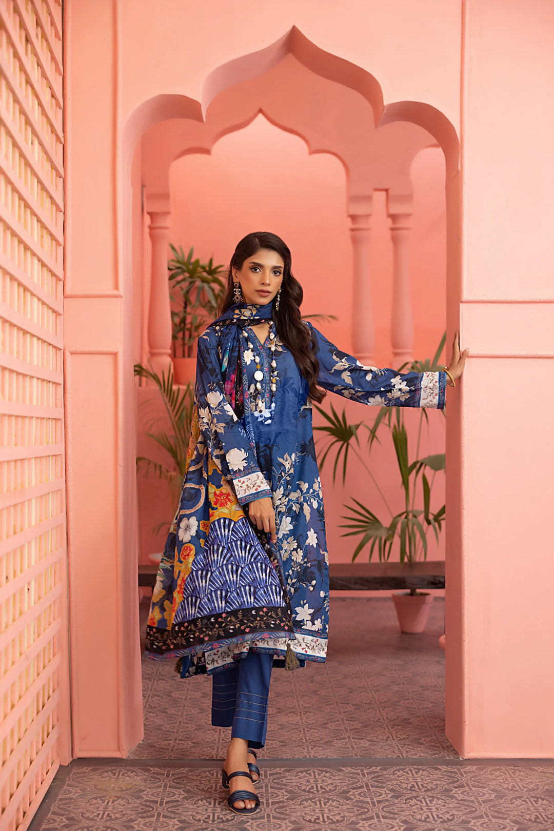 3-Piece Unstitched Printed Embroidered Lawn Suit Ink Blue