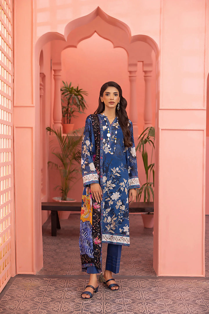 3-Piece Unstitched Printed Embroidered Lawn Suit Ink Blue