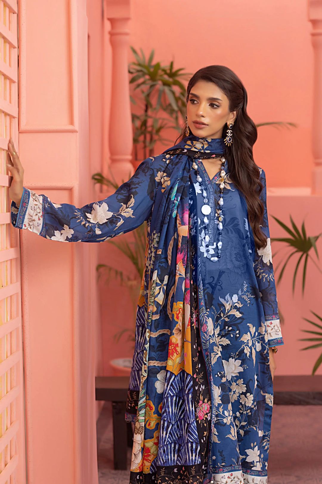 3-Piece Unstitched Printed Embroidered Lawn Suit Ink Blue
