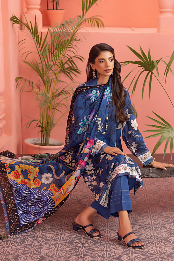 3-Piece Unstitched Printed Embroidered Lawn Suit Ink Blue