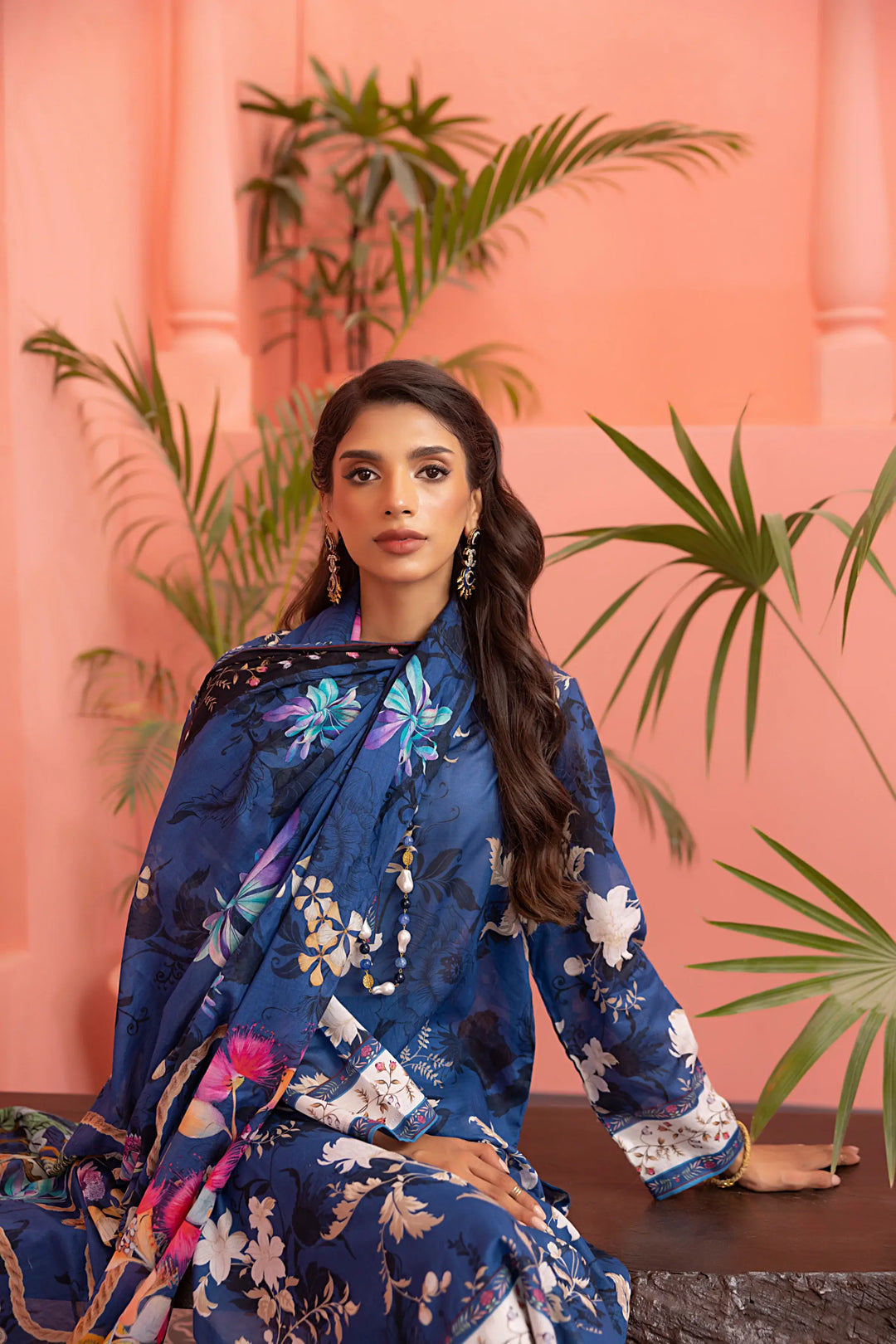3-Piece Unstitched Printed Embroidered Lawn Suit Ink Blue
