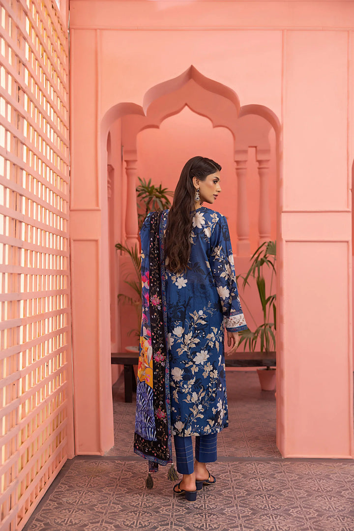 3-Piece Unstitched Printed Embroidered Lawn Suit Ink Blue