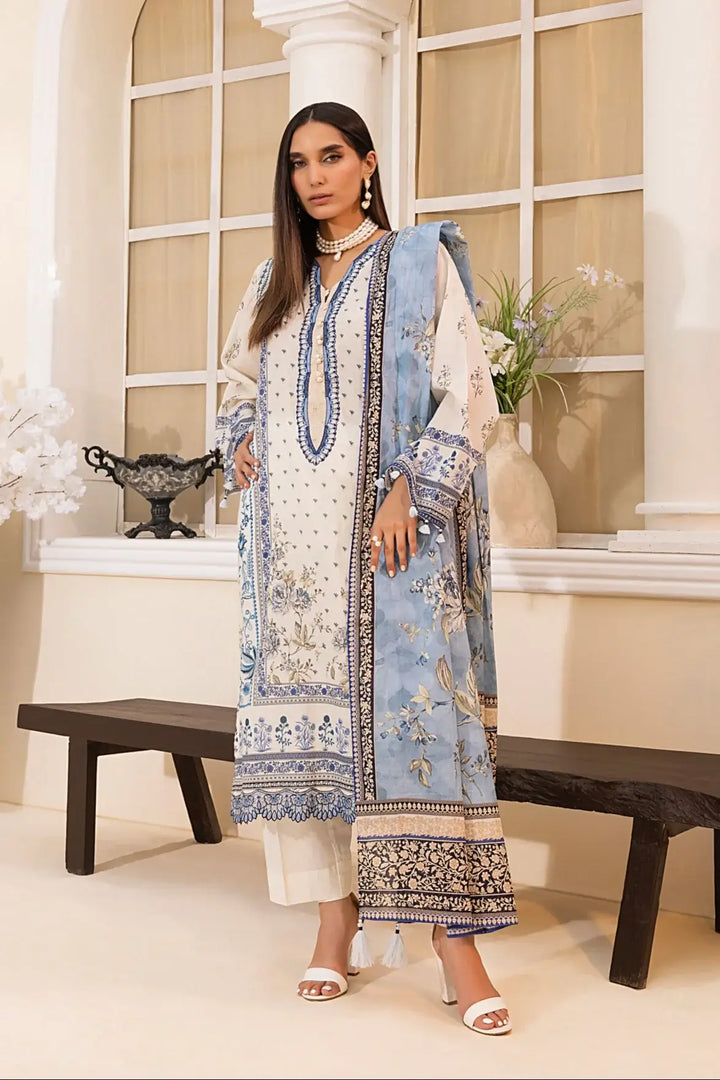 3-Piece Unstitched Printed Embroidered Lawn Suit Off White