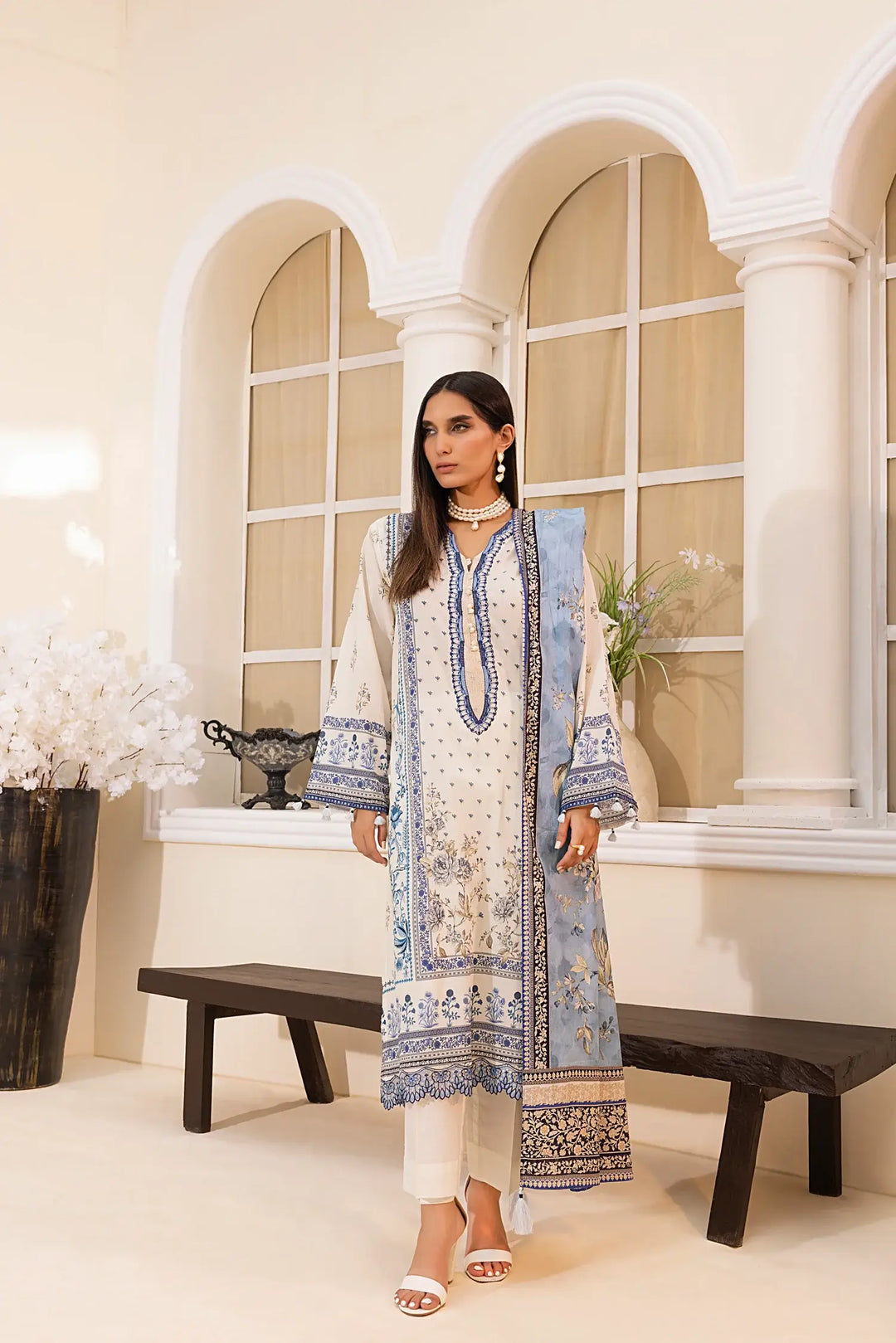 3-Piece Unstitched Printed Embroidered Lawn Suit Off White
