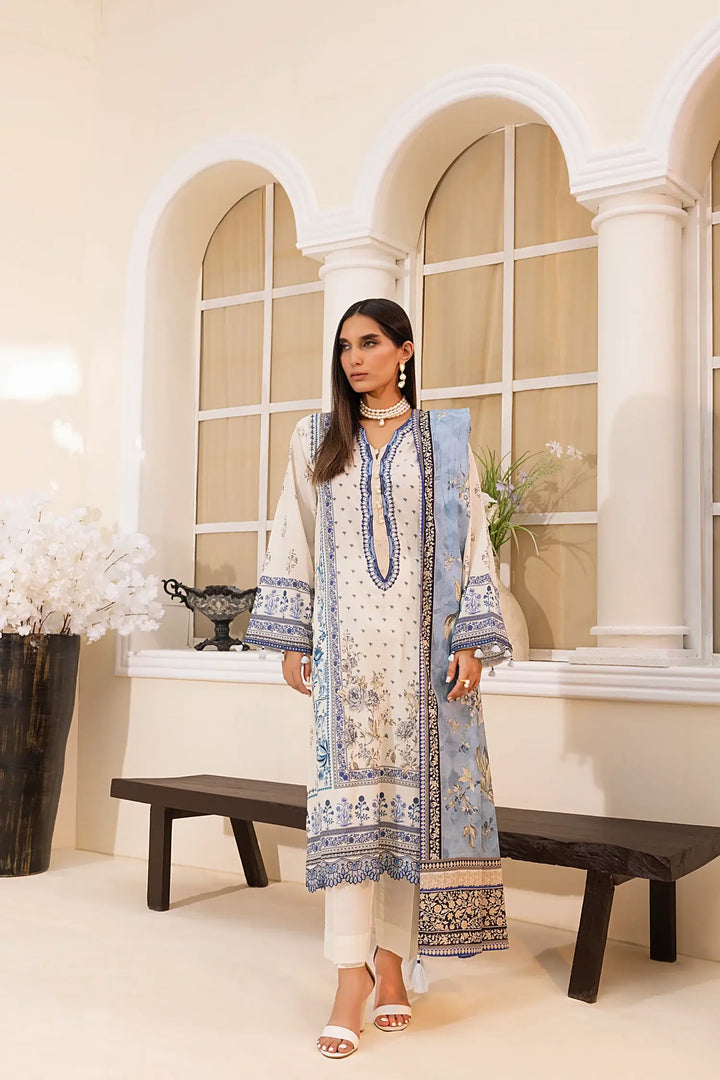 3-Piece Unstitched Printed Embroidered Lawn Suit Off White