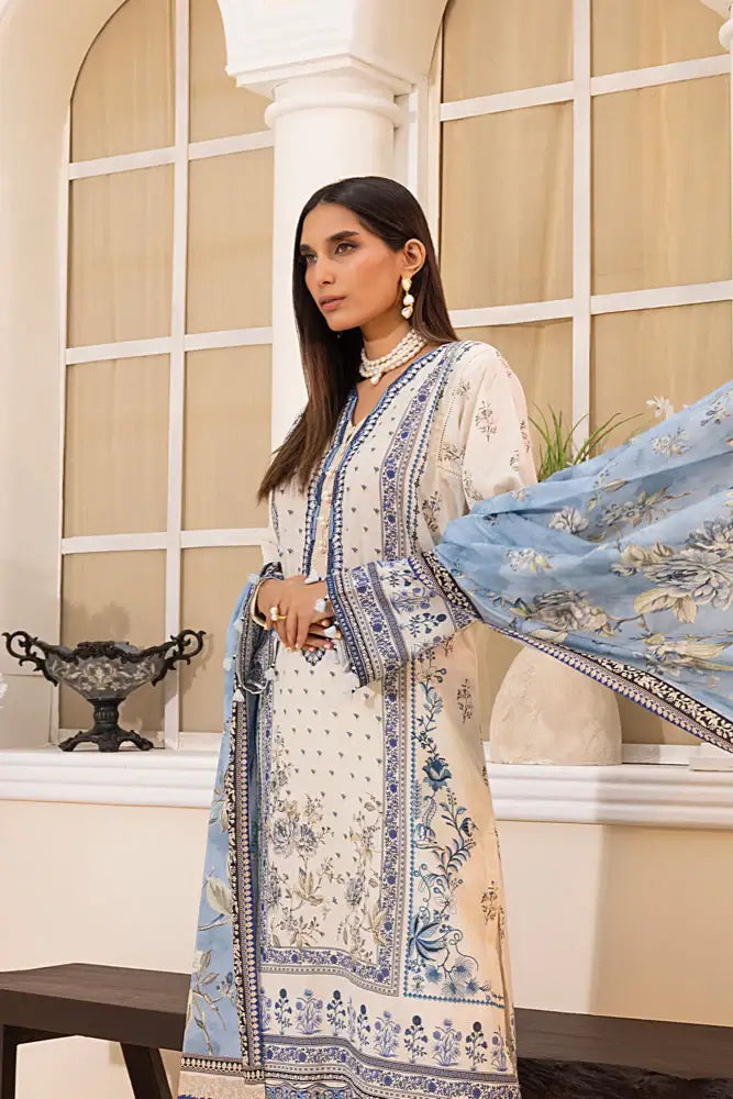 3-Piece Unstitched Printed Embroidered Lawn Suit Off White