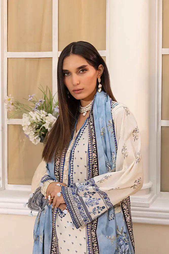 3-Piece Unstitched Printed Embroidered Lawn Suit Off White