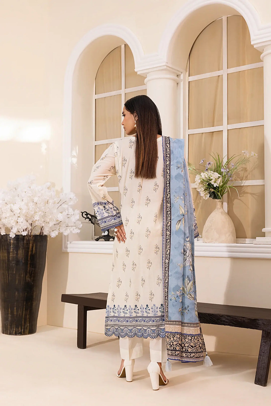 3-Piece Unstitched Printed Embroidered Lawn Suit Off White