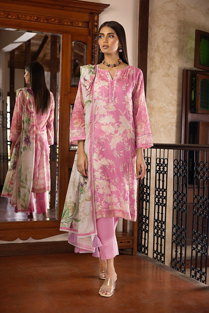 3-Piece Unstitched Printed Embroidered Lawn Suit Pink