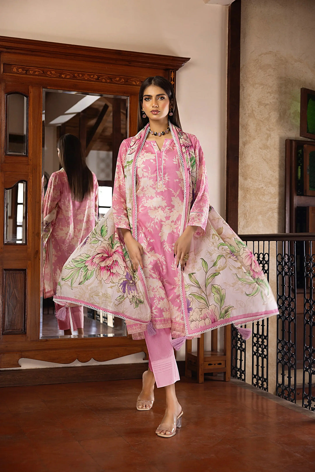 3-Piece Unstitched Printed Embroidered Lawn Suit Pink