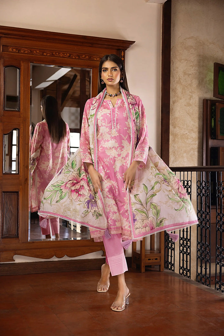 3-Piece Unstitched Printed Embroidered Lawn Suit Pink