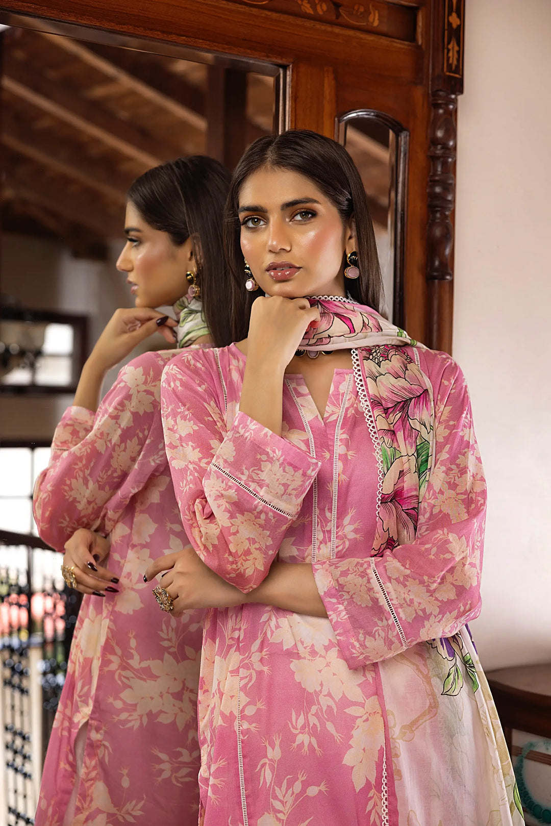 3-Piece Unstitched Printed Embroidered Lawn Suit Pink