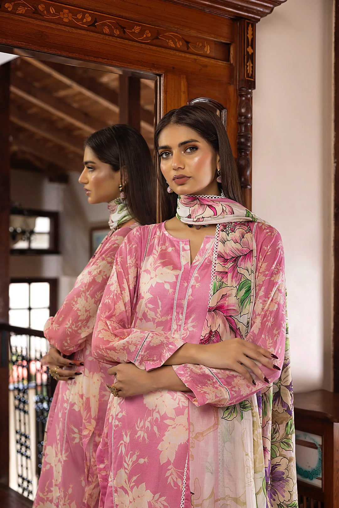 3-Piece Unstitched Printed Embroidered Lawn Suit Pink