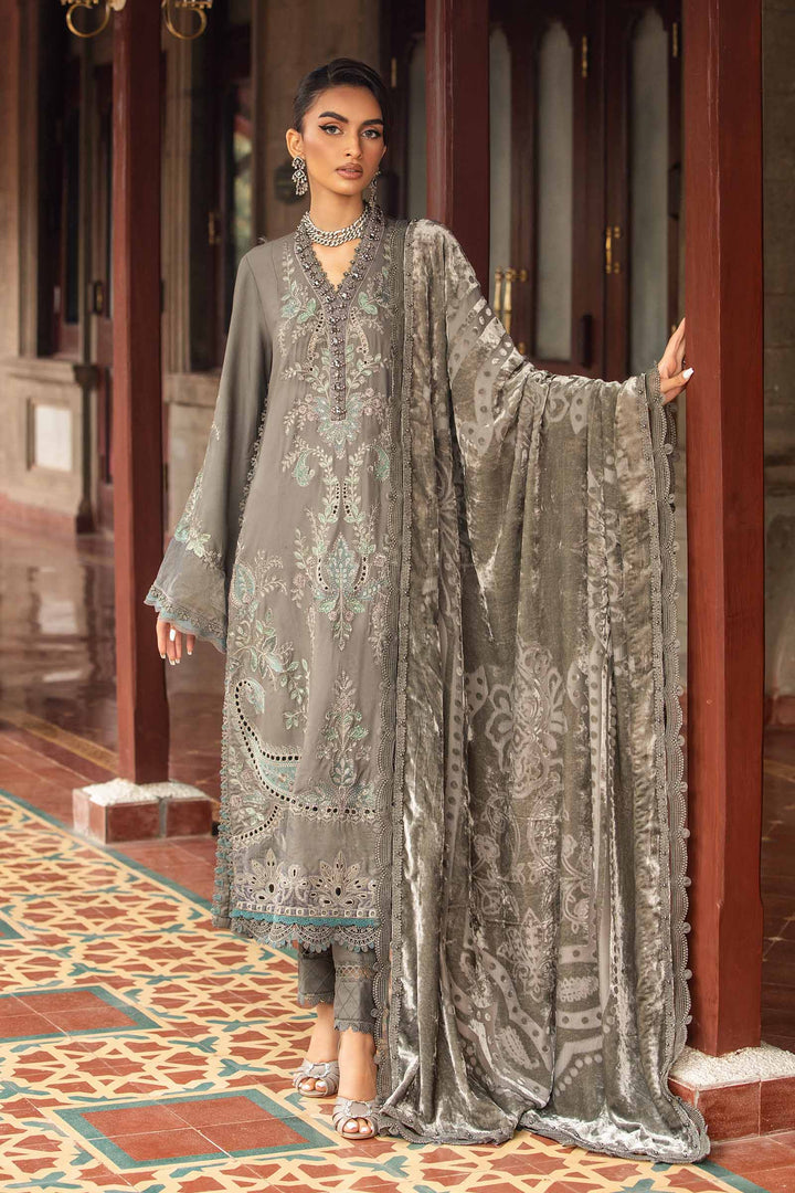 3 Piece Gray Embroidered Velvet Suit | DL-1209