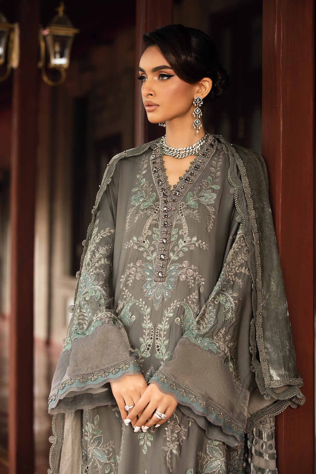 3 Piece Gray Embroidered Velvet Suit | DL-1209
