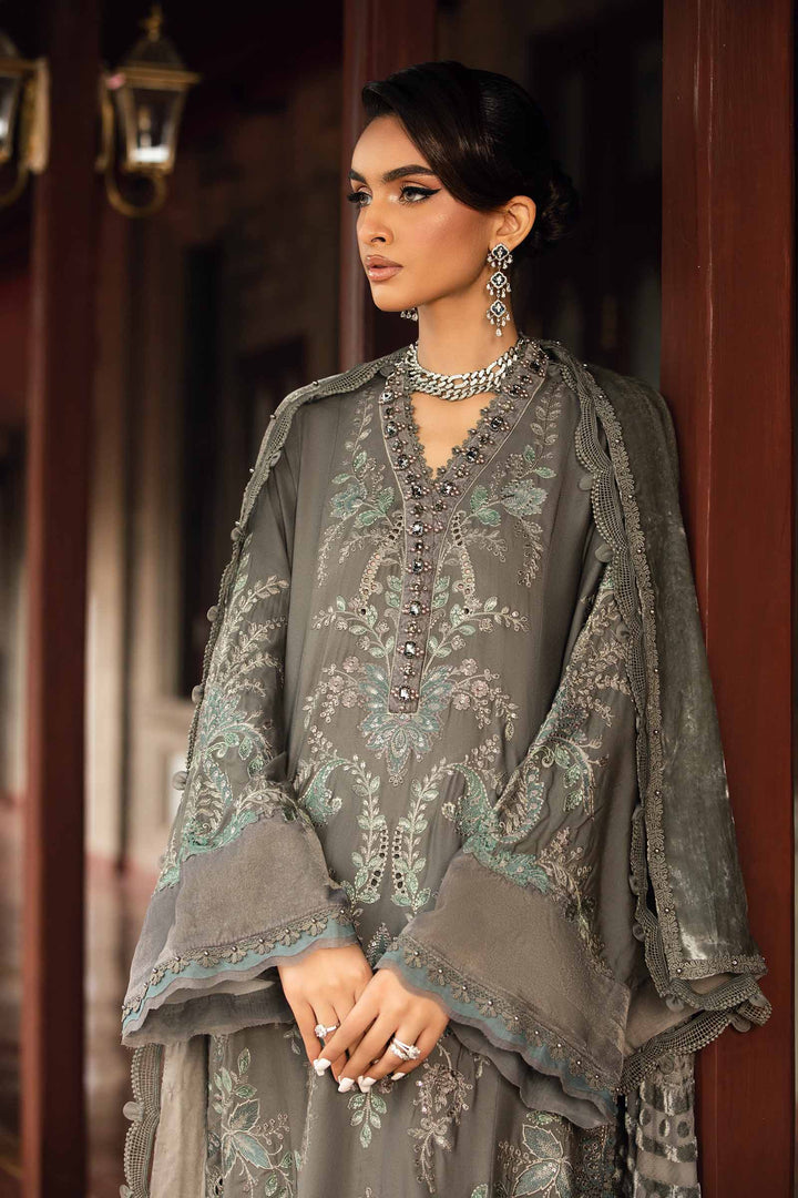 3 Piece Gray Embroidered Velvet Suit | DL-1209