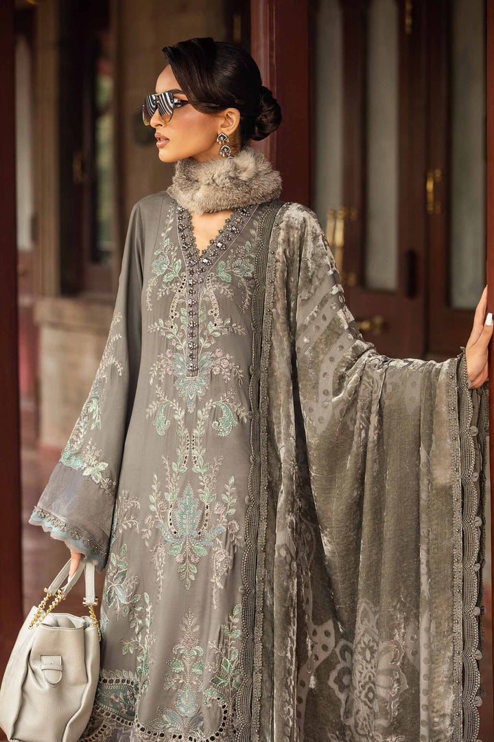 3 Piece Gray Embroidered Velvet Suit | DL-1209
