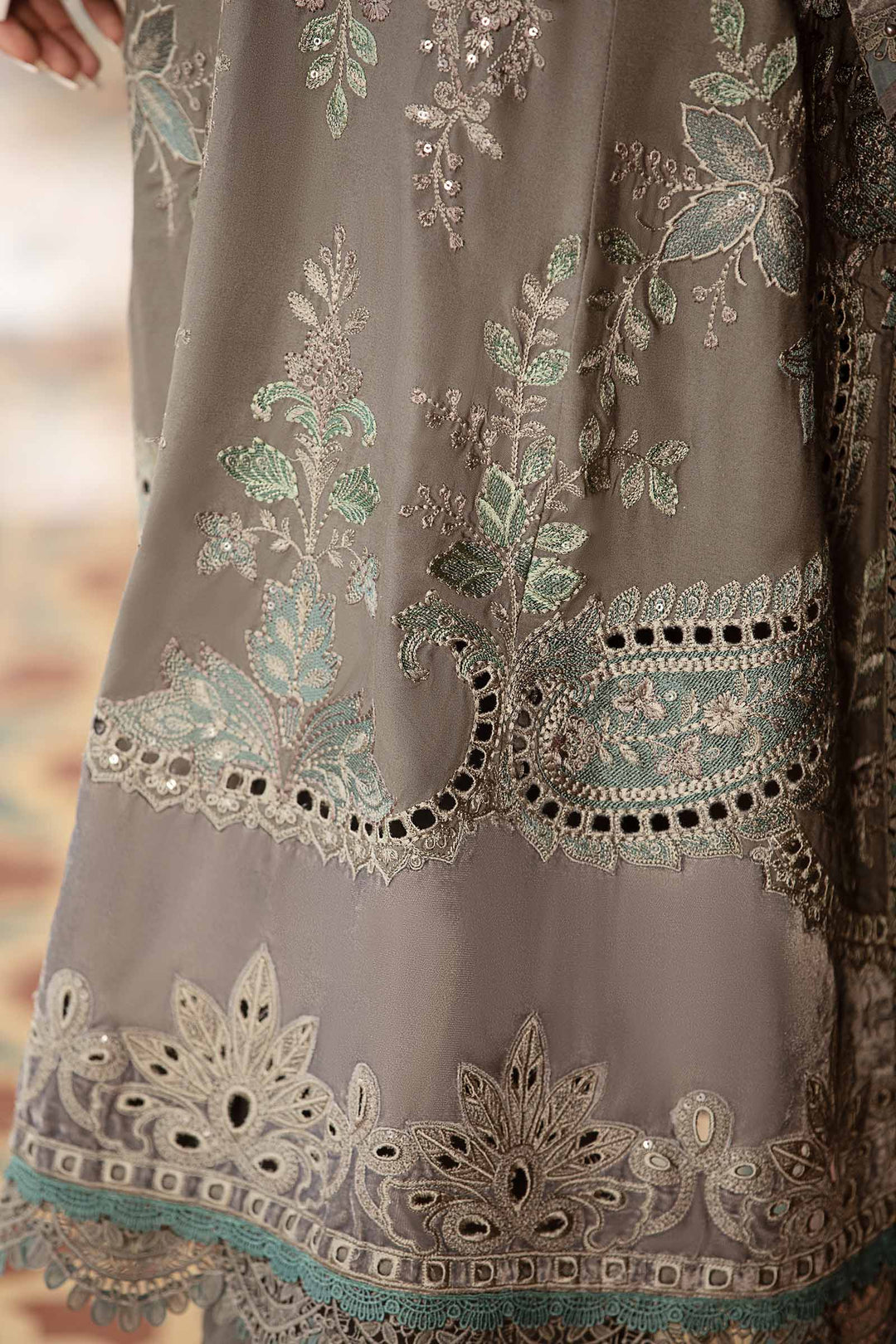3 Piece Gray Embroidered Velvet Suit | DL-1209