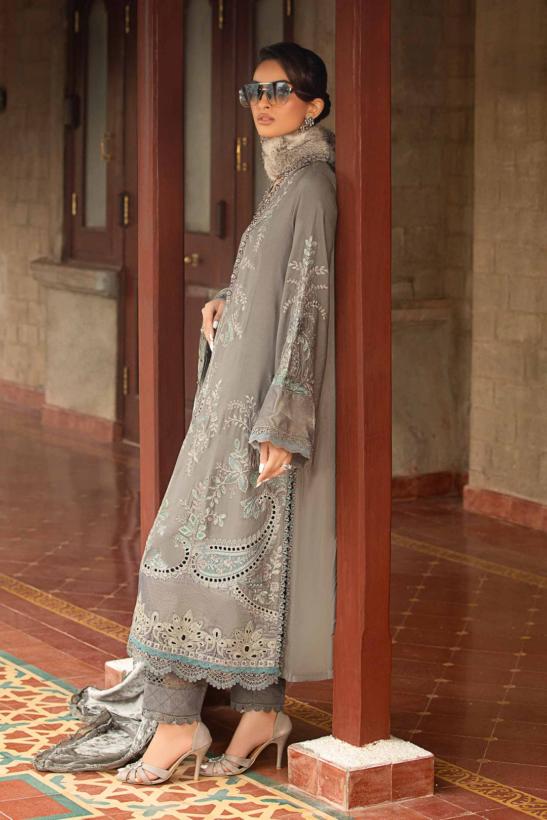 3 Piece Gray Embroidered Velvet Suit | DL-1209