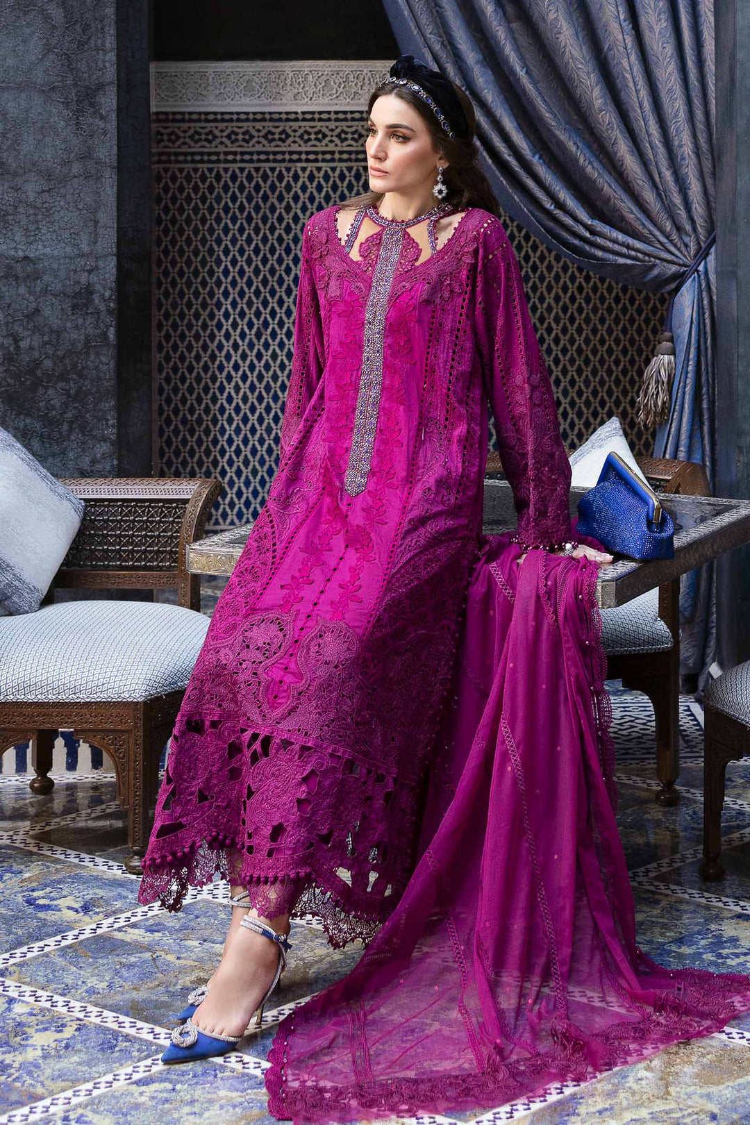 3 Piece Magenta Embroidered Lawn Suit | D-2502-B