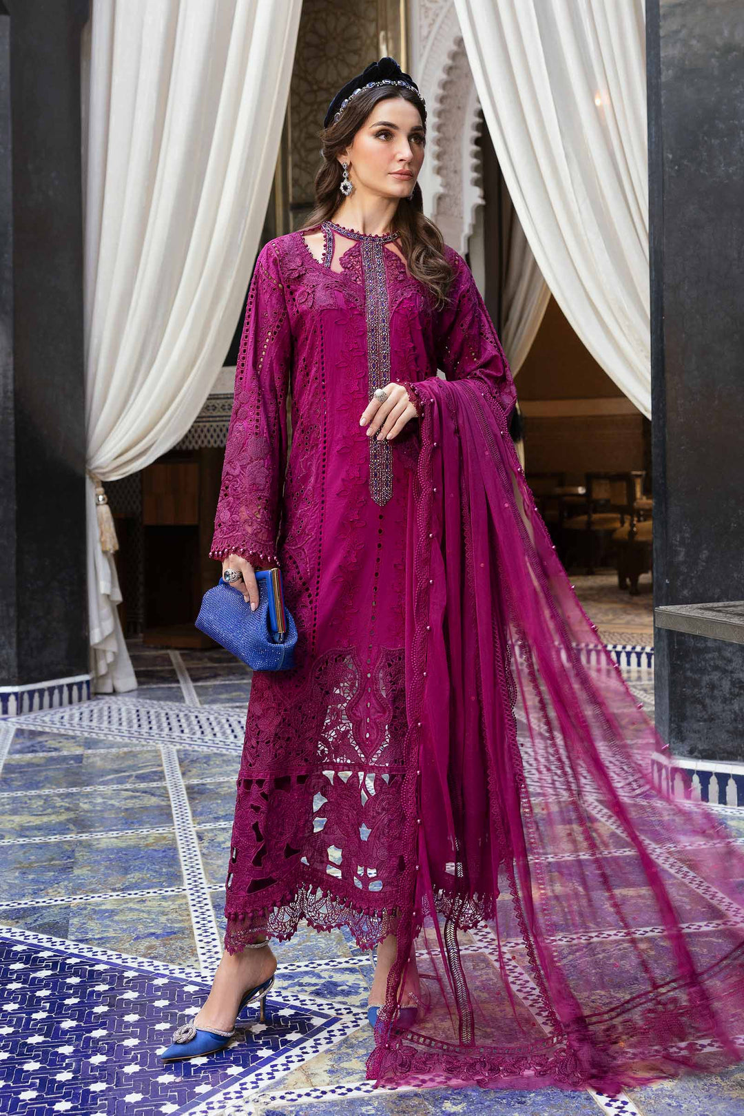 3 Piece Magenta Embroidered Lawn Suit | D-2502-B