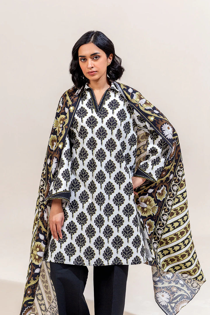 3 Piece Printed Khaddar Suit Charcoal Tint