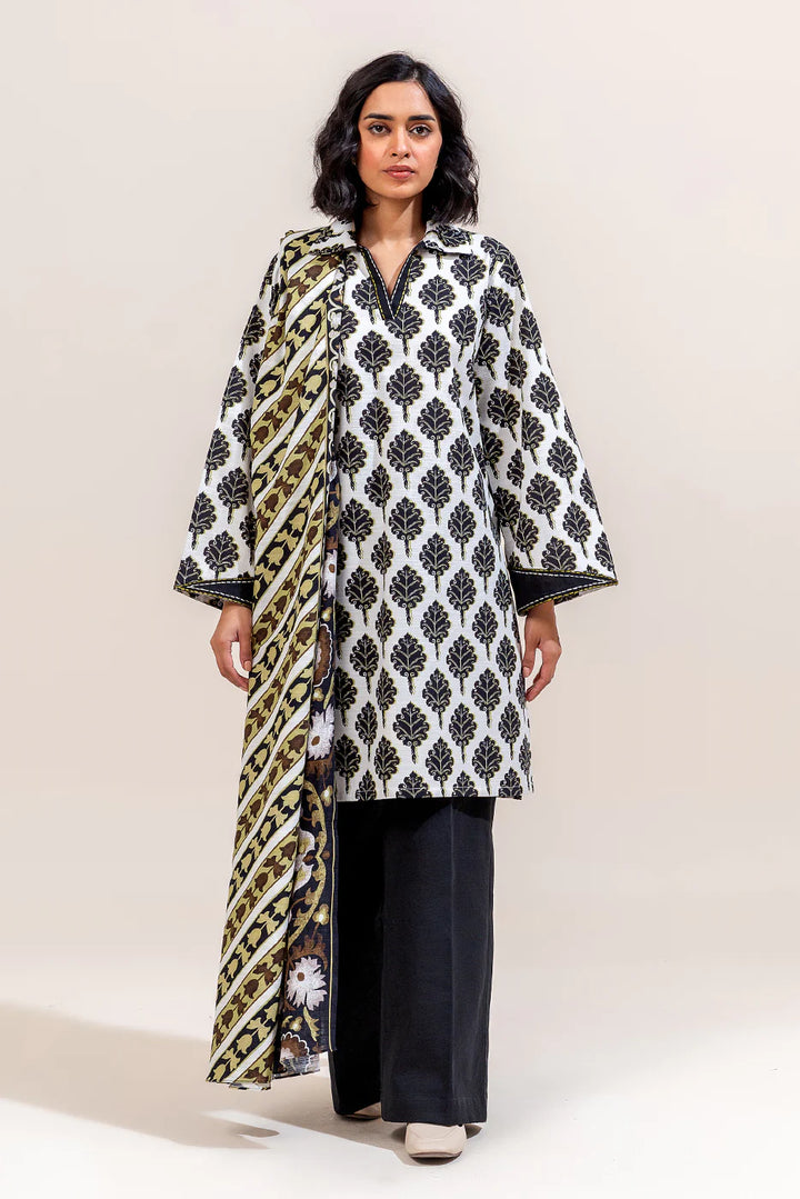 3 Piece Printed Khaddar Suit Charcoal Tint
