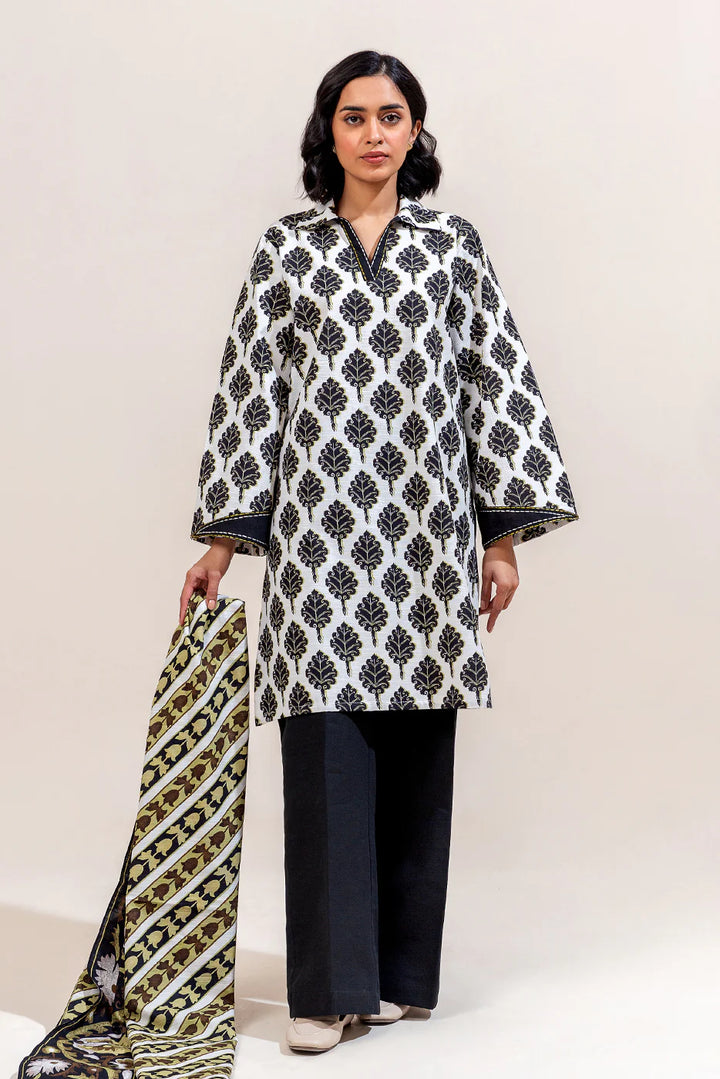 3 Piece Printed Khaddar Suit Charcoal Tint