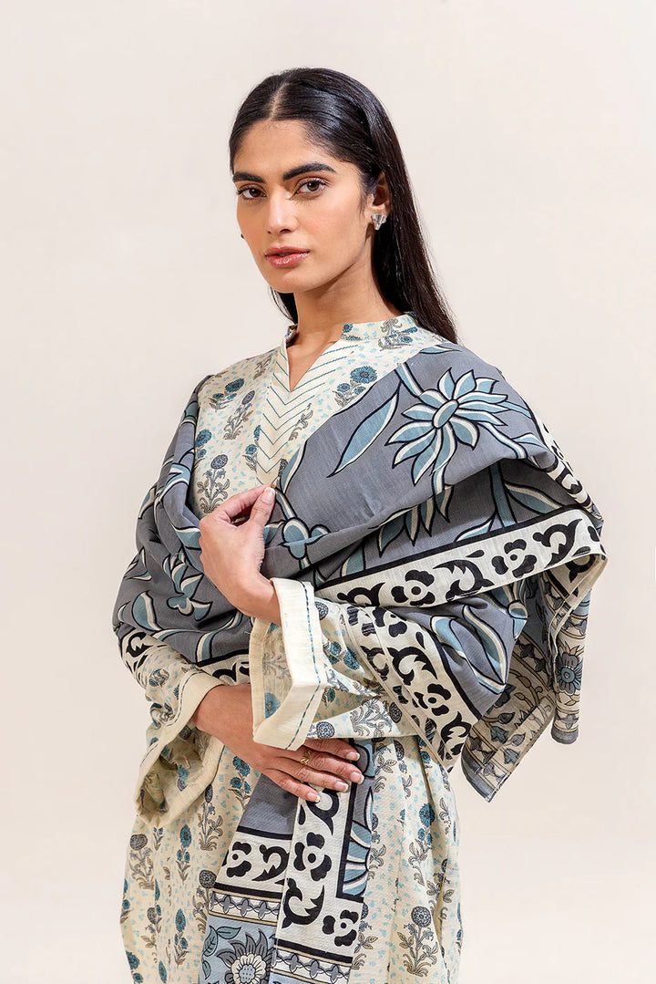 3 Piece Printed Khaddar Suit Dove Grey