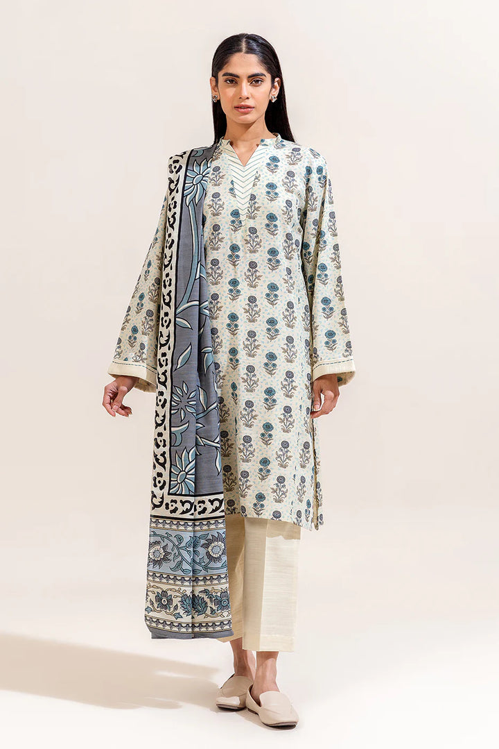 3 Piece Printed Khaddar Suit Dove Grey