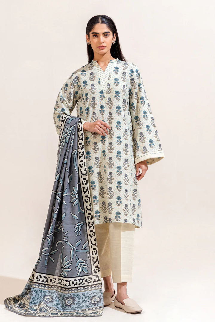 3 Piece Printed Khaddar Suit Dove Grey