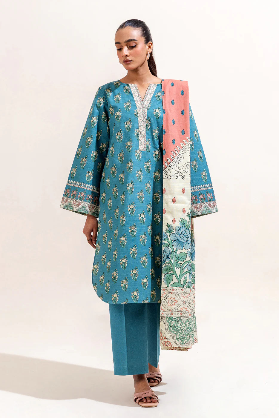 3 Piece Printed Khaddar Suit Mediterranean Tide